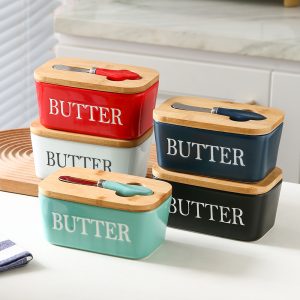 Ceramic Kitchen Storage Porcelain Butter Dish Knife with Lid