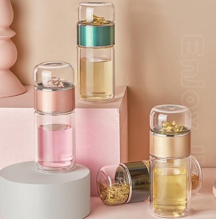 Double Wall Glass Tea Separator Bottle with Filter Tea Infuser Bottles