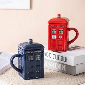 Cute Blue Red Mug with Lid Public Call Creative Unique Coffee Mug