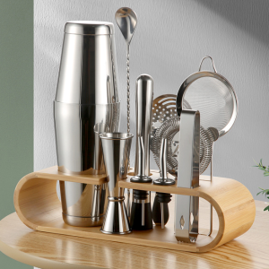 Stainless Steel Boston Shaker 11PCS Set Bar Accessory Kit With/ Without Bamboo Rack