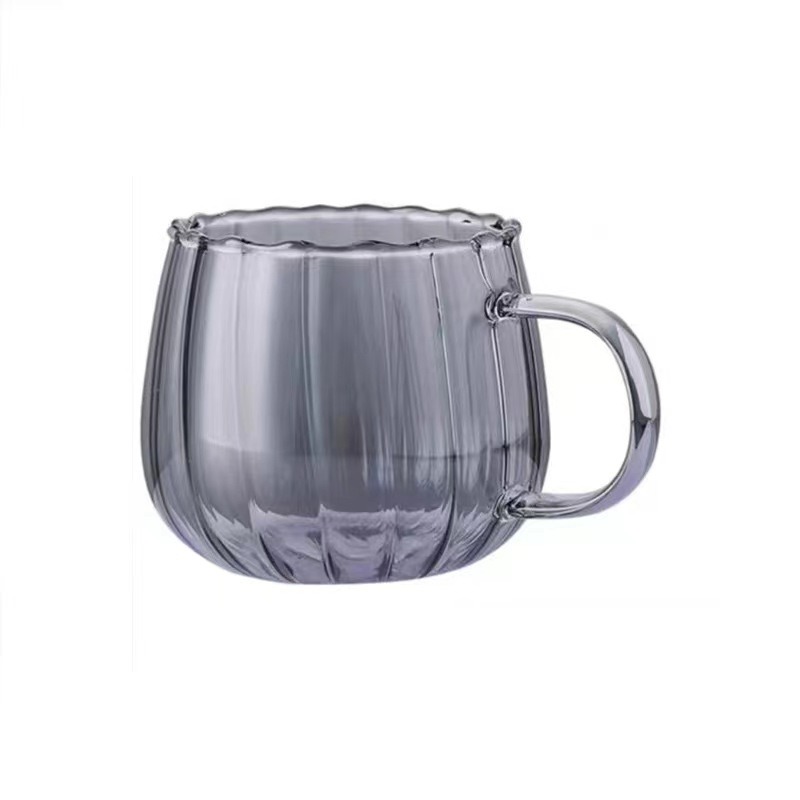 350ML Pumpkin Shape Glass Coffee Cup With Handle Striped Glass Cup - 图片 4