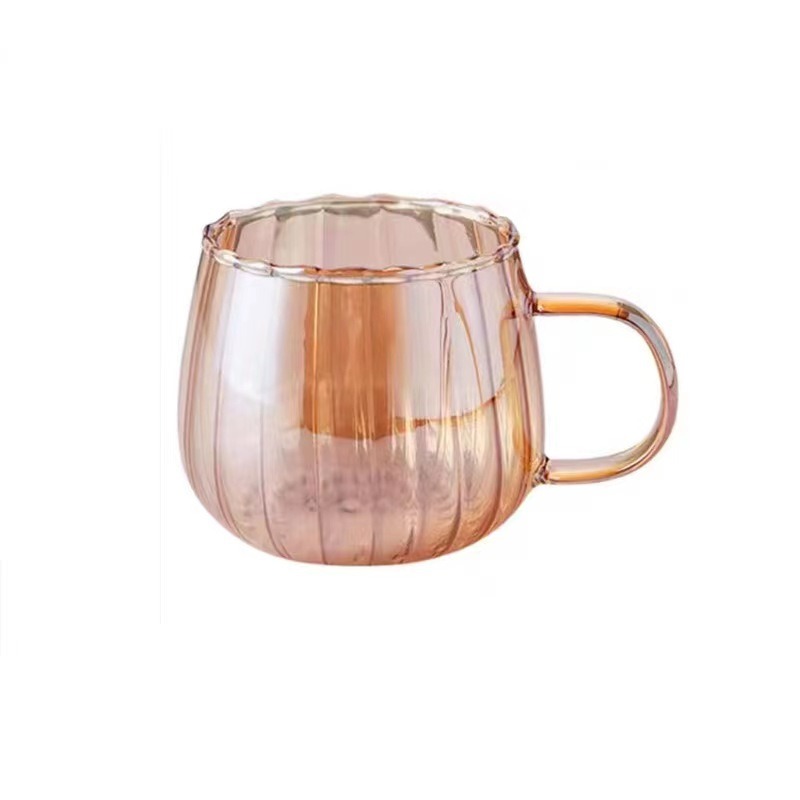 350ML Pumpkin Shape Glass Coffee Cup With Handle Striped Glass Cup - 图片 3