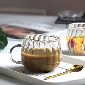 350ML Pumpkin Shape Glass Coffee Cup With Handle Striped Glass Cup