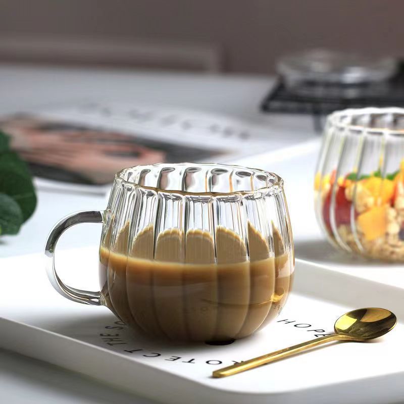 350ML Pumpkin Shape Glass Coffee Cup With Handle Striped Glass Cup