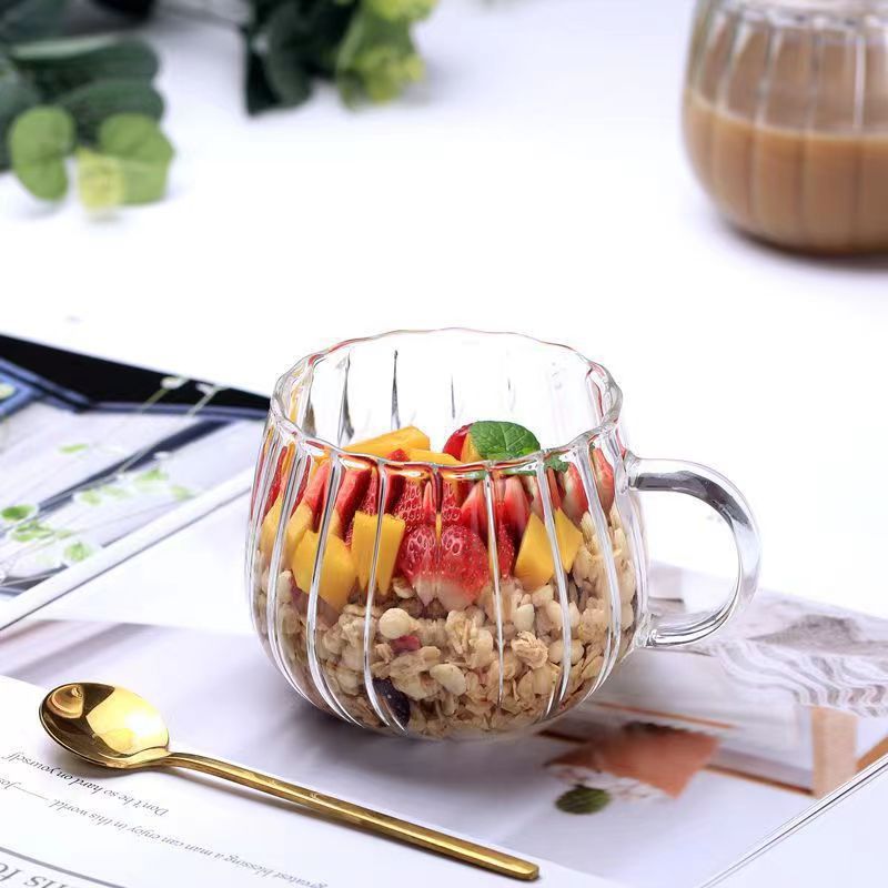 350ML Pumpkin Shape Glass Coffee Cup With Handle Striped Glass Cup - 图片 2