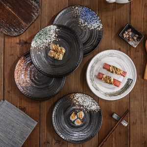 Japanese Style Ceramic Round Sushi Threaded Dish 8 Inch Salad Plate
