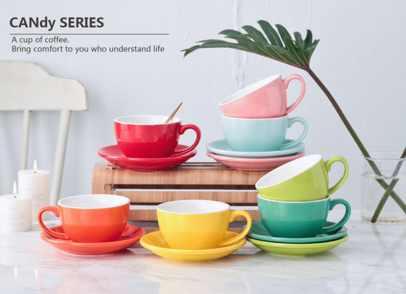 Ceramic Cappuccino Latte Coffee Mug Cups with Saucers Set 300ml