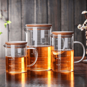 Heat-resisting Glass Measuring Scale Cup with Bamboo Lid