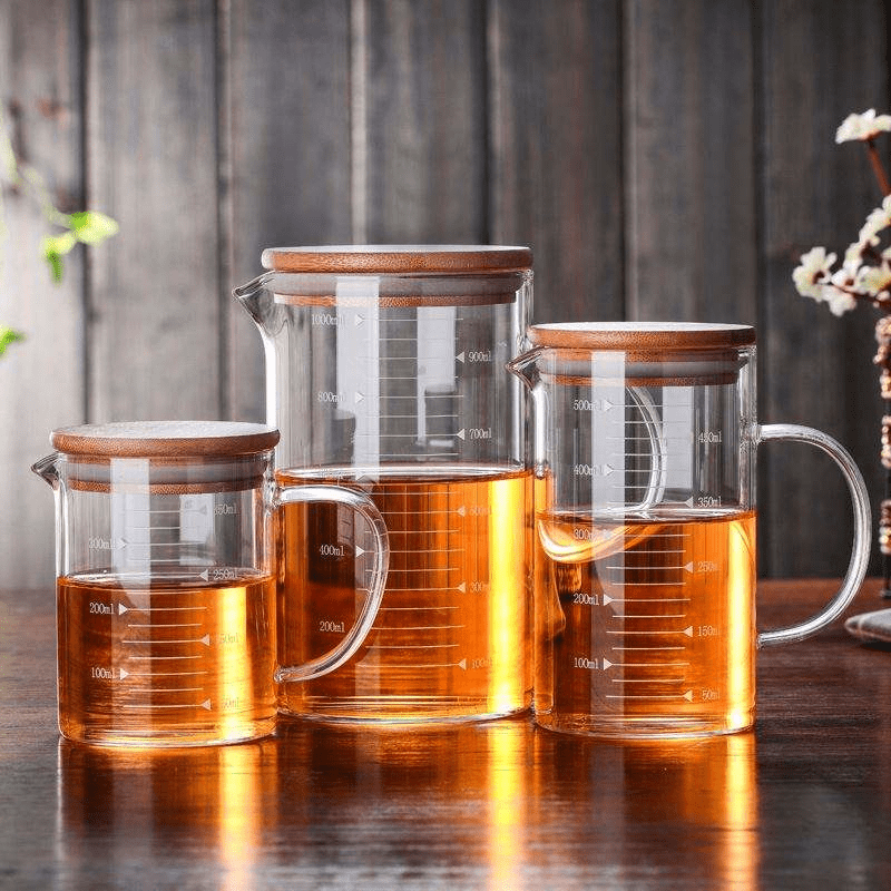 Heat-resisting Glass Measuring Scale Cup with Bamboo Lid