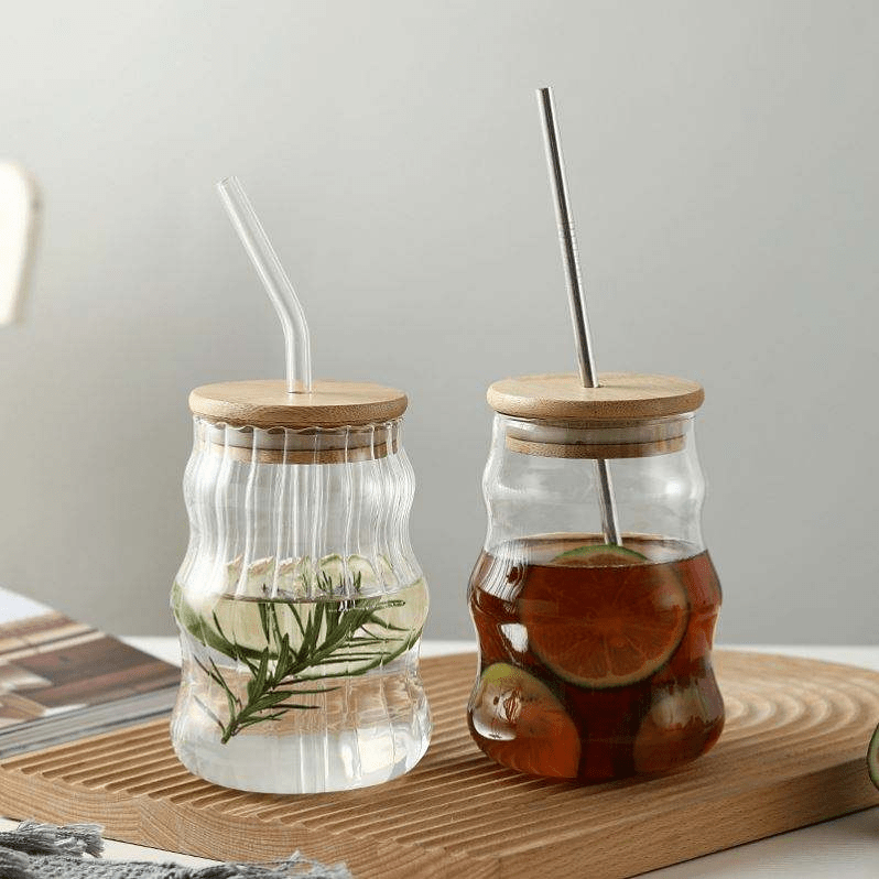 High Borosilicate Glass Striped Coffee Cup with Bamboo Lid and Glass Straw 500ml