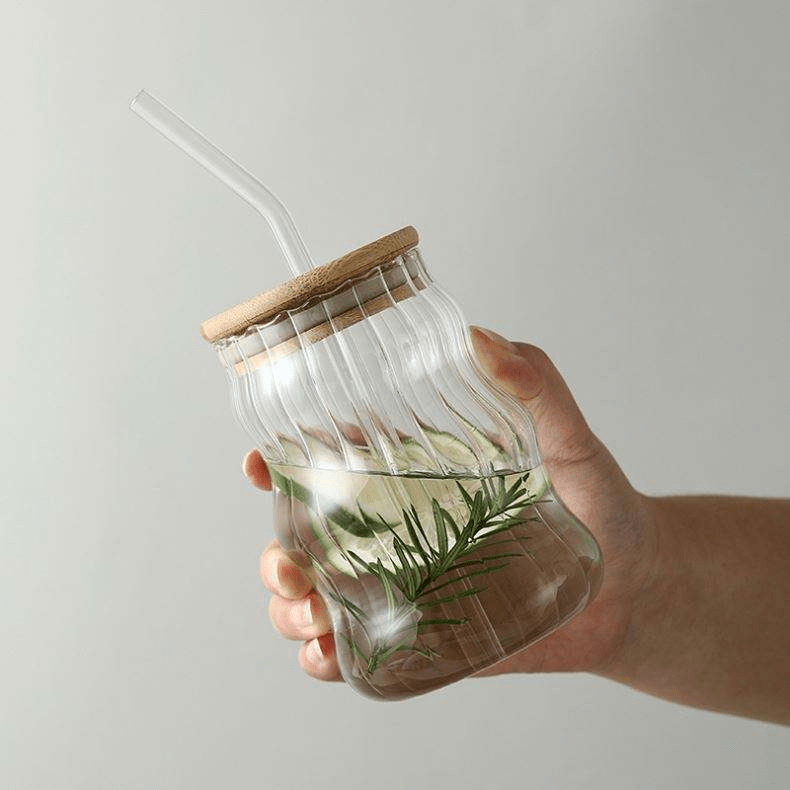High Borosilicate Glass Striped Coffee Cup with Bamboo Lid and Glass Straw 500ml - 图片 2