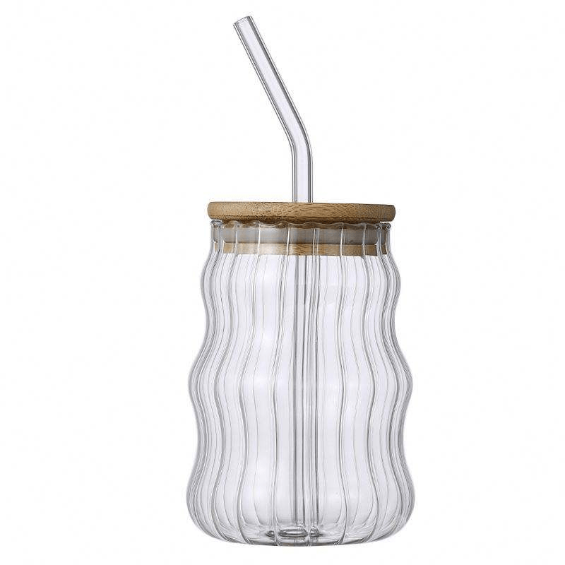 High Borosilicate Glass Striped Coffee Cup with Bamboo Lid and Glass Straw 500ml - 图片 5